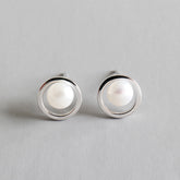 Geometry Hollow Circle Round Natural Pearl 925 Sterling Silver Stud Earrings