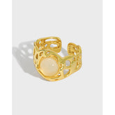 خاتم أنيق من الفضة الإسترلينية عيار 925 قابل للتعديل مصنوع من حجر العقيق الطبيعي المستدير المجوف