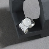 خاتم عصري دائري من الكريستال الطبيعي عريض من الفضة الإسترلينية 925 قابل للتعديل