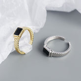 Geometry Created Black Agate Emerald 925 Sterling Silver Adjustable Ring