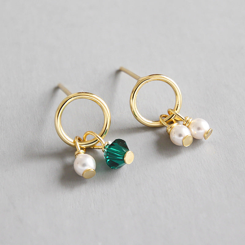 Asymmetry Shell Pearls Green CZ 925 Sterling Silver Stud Earrings