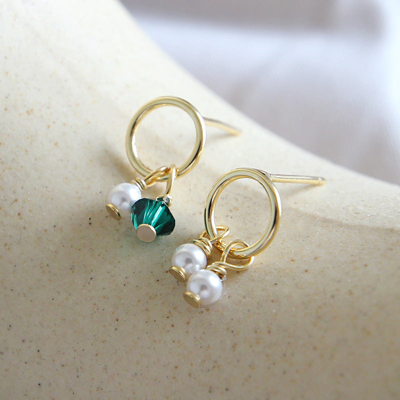 Asymmetry Shell Pearls Green CZ 925 Sterling Silver Stud Earrings