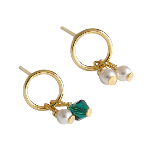 Asymmetry Shell Pearls Green CZ 925 Sterling Silver Stud Earrings