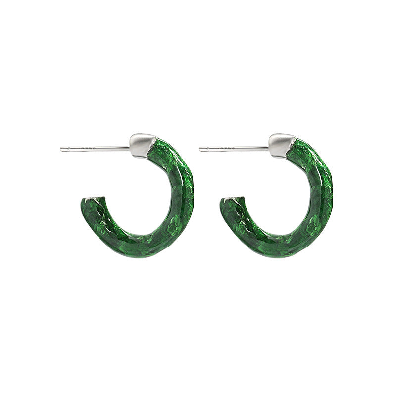 Office Green C Shape 925 Sterling Silver Hoop Earrings