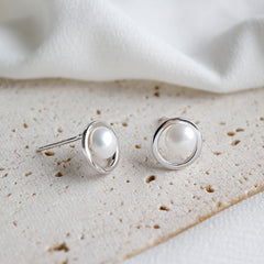 Geometry Hollow Circle Round Natural Pearl 925 Sterling Silver Stud Earrings