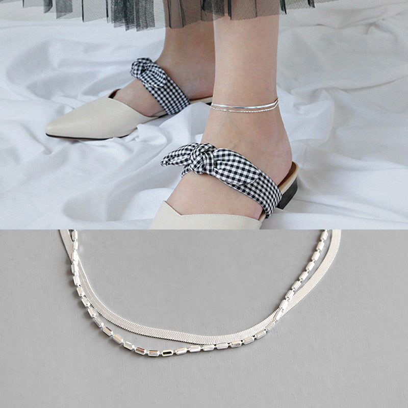 Fashion Double Layers Tube Beads Herring Bone Chain 925 Sterling Silver Anklet