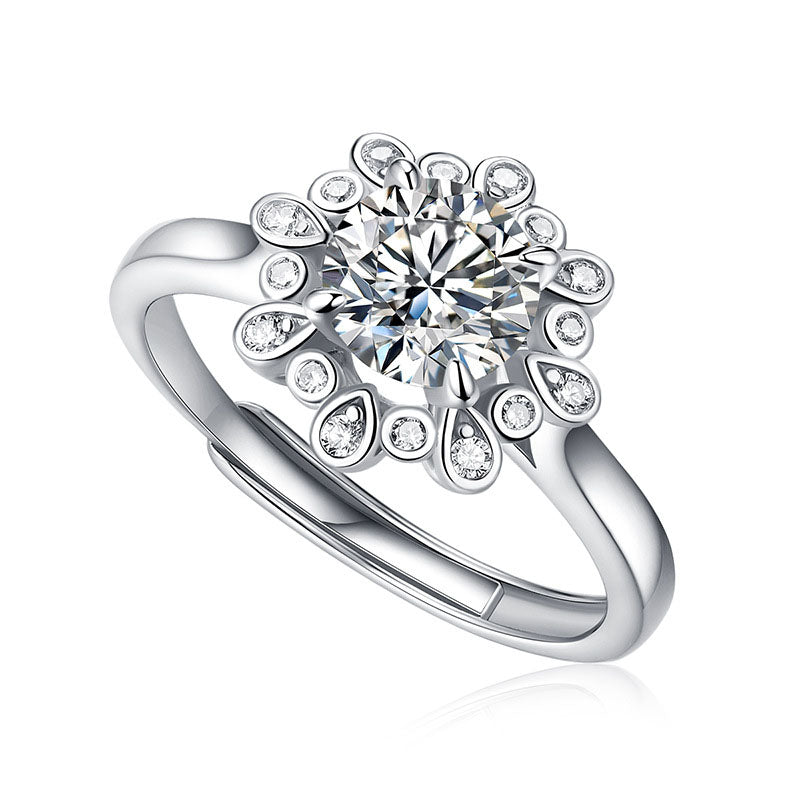 Wedding Moissanite CZ Peonies Flower 925 Sterling Silver Adjustable Ring