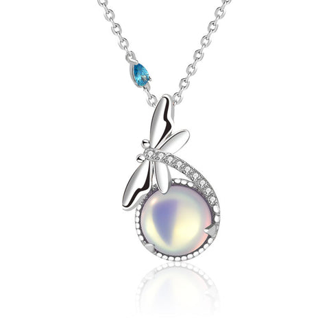 Lady Natural Moonstone Dragonfly 925 Sterling Silver Necklace