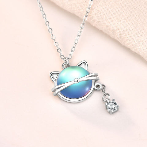 Cute Natural Moonstone Cat CZ 925 Sterling Silver Necklace