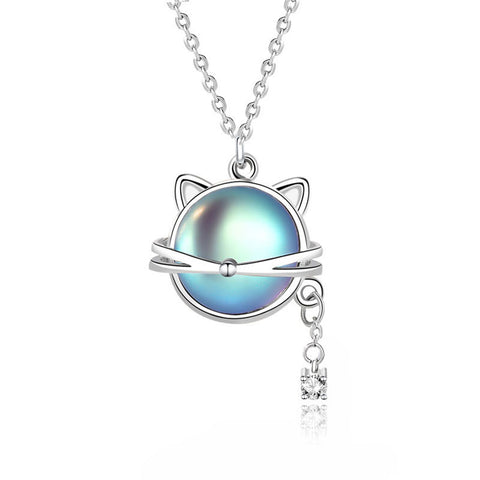 Cute Natural Moonstone Cat CZ 925 Sterling Silver Necklace