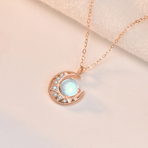 Lady Natural Moonstone Crescent Moon CZ 925 Sterling Silver Necklace