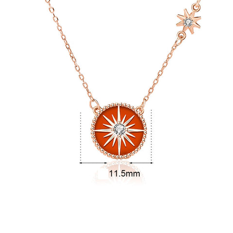 Fashion Red Natural Agate CZ Compass 925 Sterling Silver Necklace