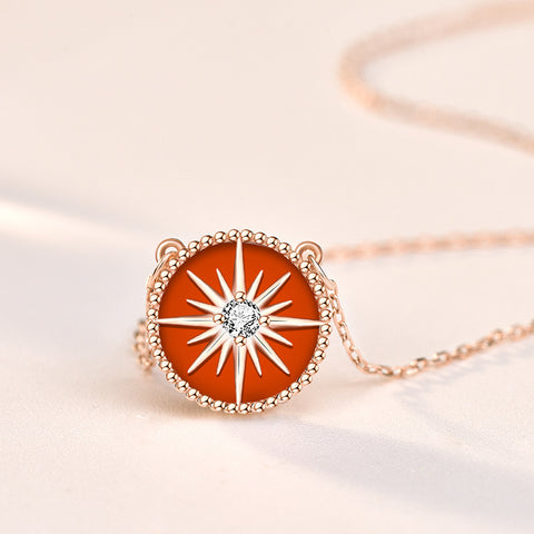 Fashion Red Natural Agate CZ Compass 925 Sterling Silver Necklace