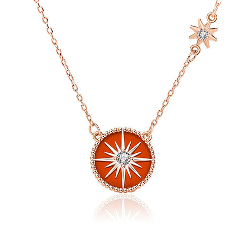 Fashion Red Natural Agate CZ Compass 925 Sterling Silver Necklace