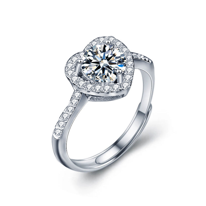 Honey Moon Moissanite CZ Heart 925 Sterling Silver Adjustable Ring