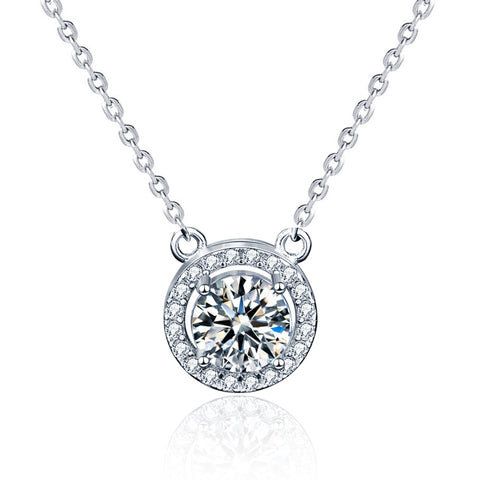 Women Round Moissanite CZ Border 925 Sterling Silver Necklace