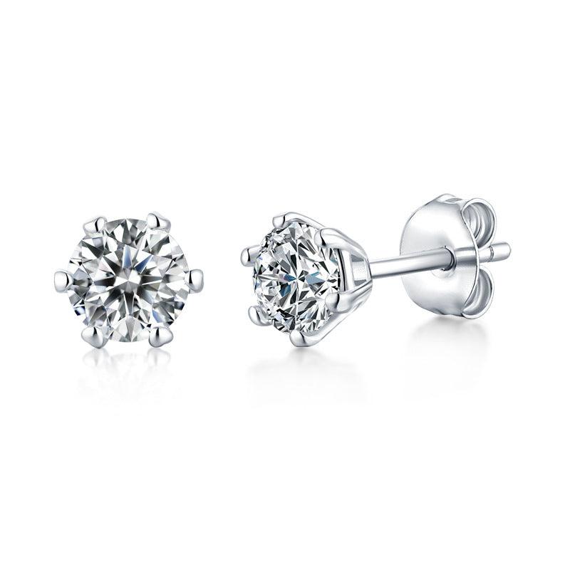 Simple Six Claw Round Moissanite CZ 925 Sterling Silver Stud Earrings - Mystical Gems Stones