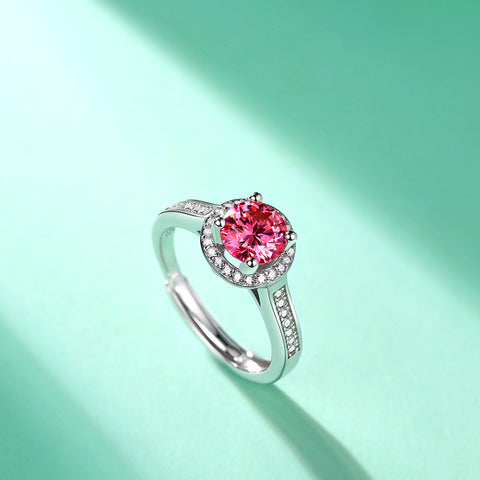 Women Pink Round Moissanite CZ 925 Sterling Silver Adjustable Ring