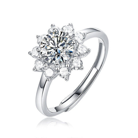 Wedding Moissanite CZ Sunflower 925 Sterling Silver Adjustable Ring