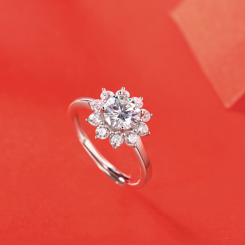 Wedding Moissanite CZ Sunflower 925 Sterling Silver Adjustable Ring