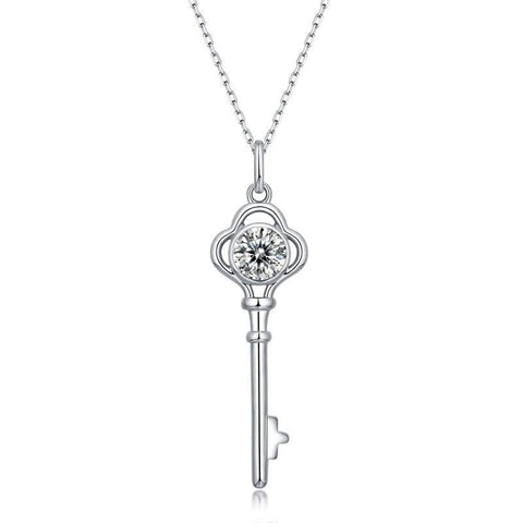 Women Moissanite CZ Key 925 Sterling Silver Necklace - Mystical Gems Stones