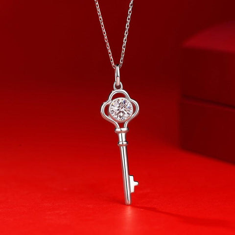 Women Moissanite CZ Key 925 Sterling Silver Necklace - Mystical Gems Stones