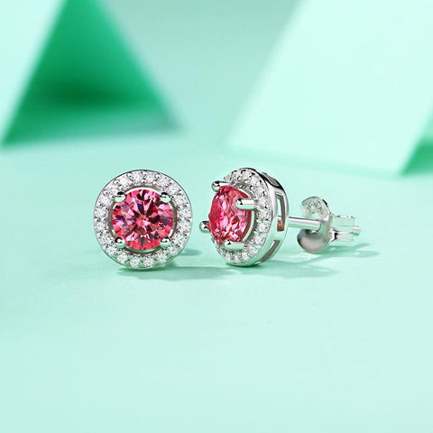 Girl Pink Round Moissanite CZ 925 Sterling Silver Stud Earrings - Mystical Gems Stones