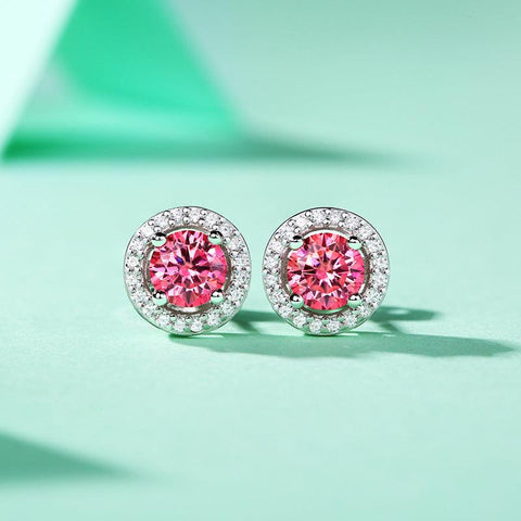 Girl Pink Round Moissanite CZ 925 Sterling Silver Stud Earrings - Mystical Gems Stones