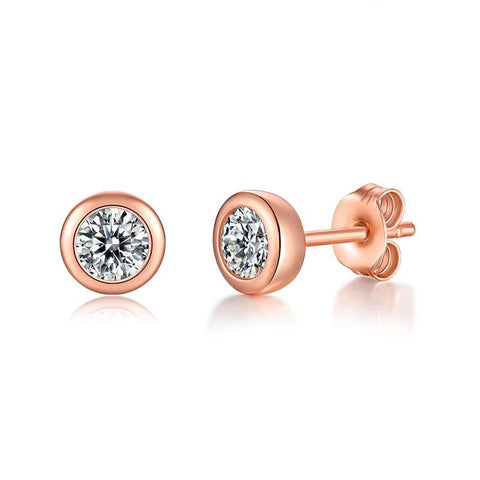 Simple Round Moissanite CZ 925 Sterling Silver Stud Earrings - Rhodium/Rose Gold plated - Mystical Gems Stones