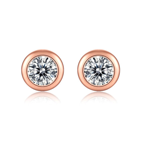 Simple Round Moissanite CZ 925 Sterling Silver Stud Earrings - Rhodium/Rose Gold plated - Mystical Gems Stones