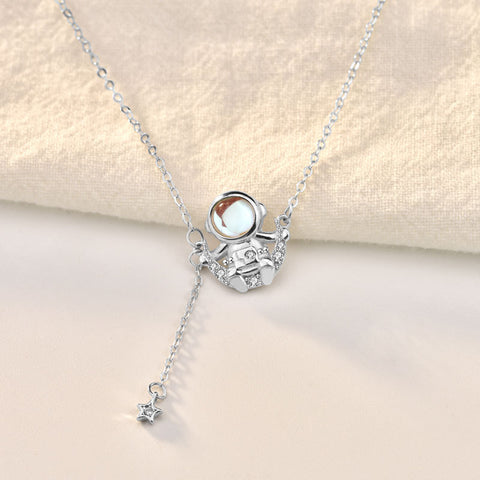 Gift Natural Moonstone CZ Astronaut 925 Sterling Silver Necklace