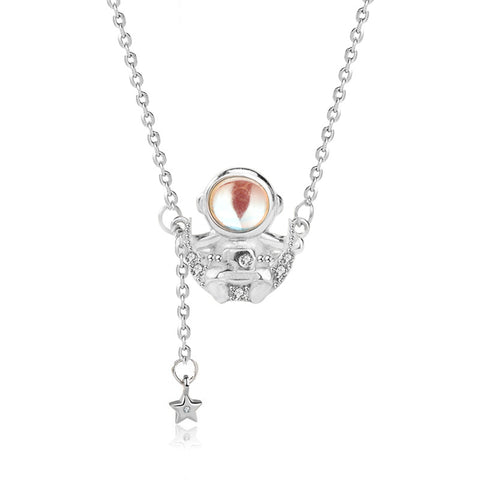 Gift Natural Moonstone CZ Astronaut 925 Sterling Silver Necklace