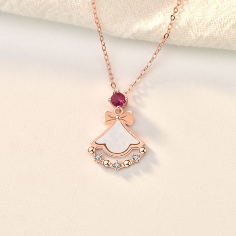 Girl Mother of Shell Pink CZ Skirt 925 Sterling Silver Necklace