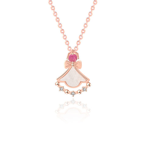 Girl Mother of Shell Pink CZ Skirt 925 Sterling Silver Necklace