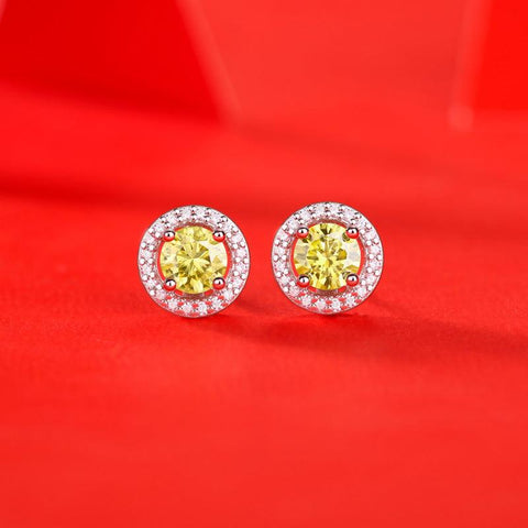 Simple Round Yellow Moissanite CZ 925 Sterling Silver Stud Earrings - Mystical Gems Stones