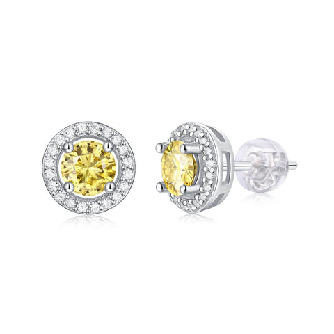 Simple Round Yellow Moissanite CZ 925 Sterling Silver Stud Earrings - Mystical Gems Stones