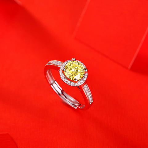 Gift Yellow Round Moissanite CZ 925 Sterling Silver Adjustable Ring