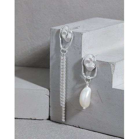 Asymmetry Shell Pearl CZ Tassels 925 Sterling Silver Dangling Earrings