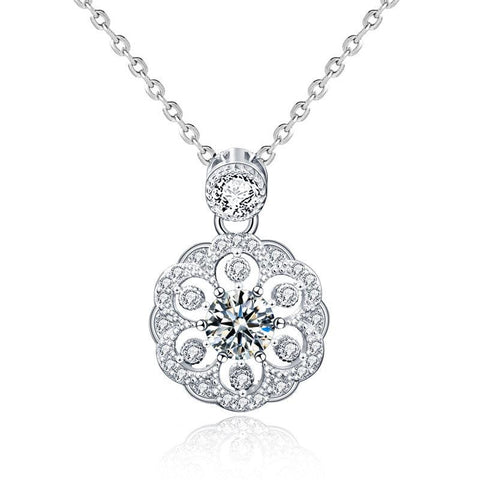 Women Sakura Flower Moissanite CZ 925 Sterling Silver Necklace - Mystical Gems Stones