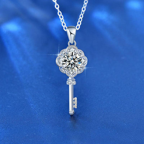 Holiday Flower Key Moissanite CZ 925 Sterling Silver Necklace - Mystical Gems Stones