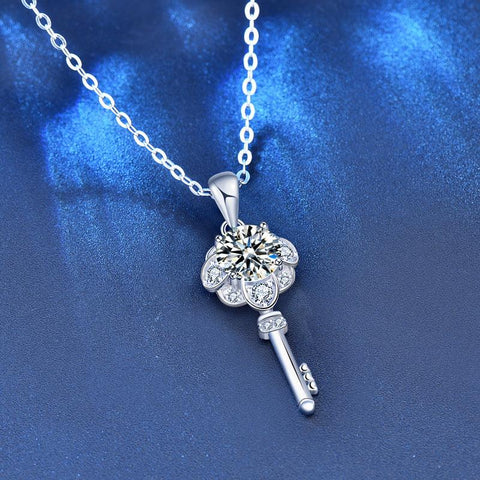 Holiday Flower Key Moissanite CZ 925 Sterling Silver Necklace - Mystical Gems Stones