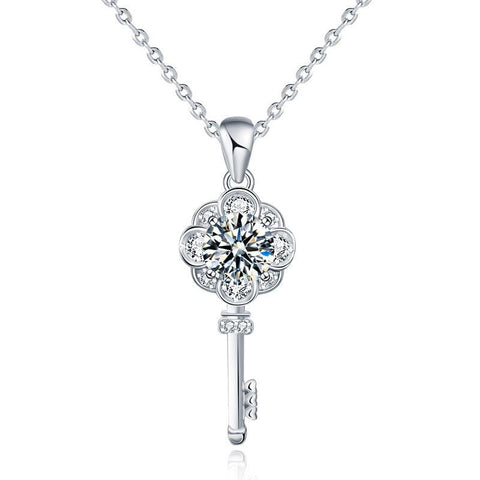 Holiday Flower Key Moissanite CZ 925 Sterling Silver Necklace - Mystical Gems Stones