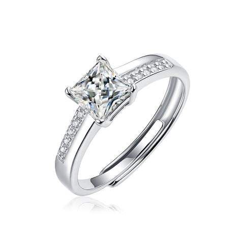 Classic 1ct Moissanite CZ Square 925 Sterling Silver Adjustable Ring