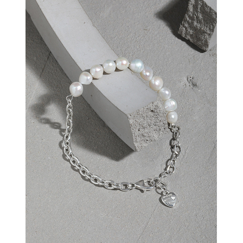 Asymmetry Natural Pearls Curb Chain 925 Sterling Silver Bracelet