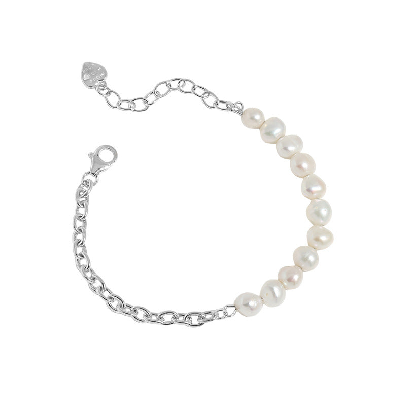 Asymmetry Natural Pearls Curb Chain 925 Sterling Silver Bracelet