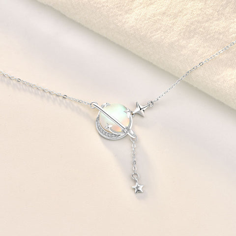 Elegant Natural Moonstone Planet Star 925 Sterling Silver Necklace