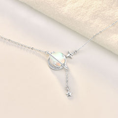 Elegant Natural Moonstone Planet Star 925 Sterling Silver Necklace