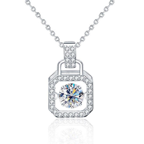 Casual Round Dancing Moissanite CZ Lock 925 Sterling Silver Necklace - Mystical Gems Stones