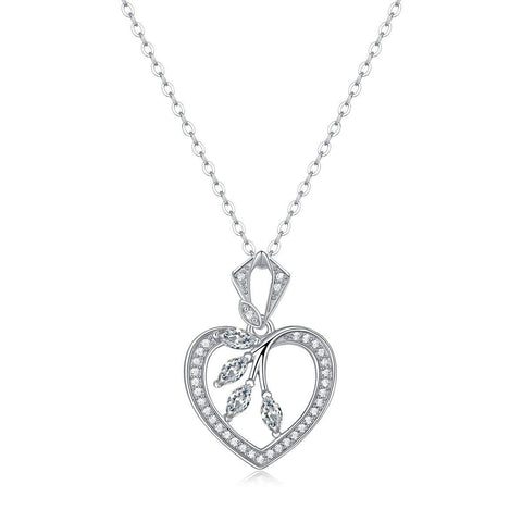 Women Moissanite Hollow Heart Leaves 925 Sterling Silver Necklace - Mystical Gems Stones