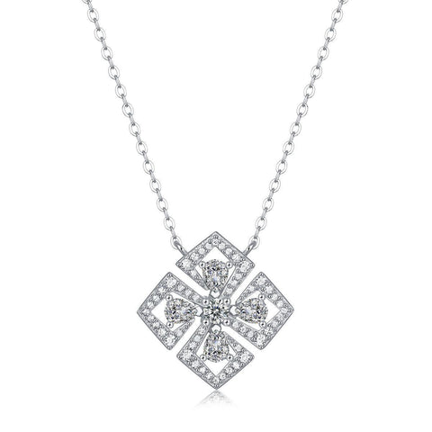 Elegant Moissanite CZ Geometry Four Leaf Clover 925 Sterling Silver Necklace - Mystical Gems Stones